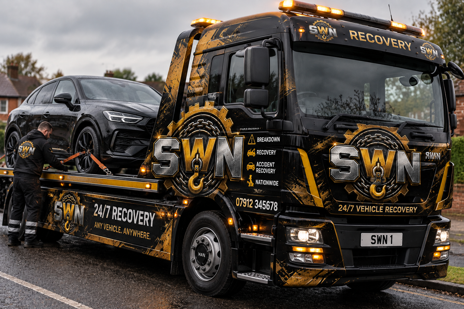The Scrap with Nay black and gold flatbed recovery truck loading a car